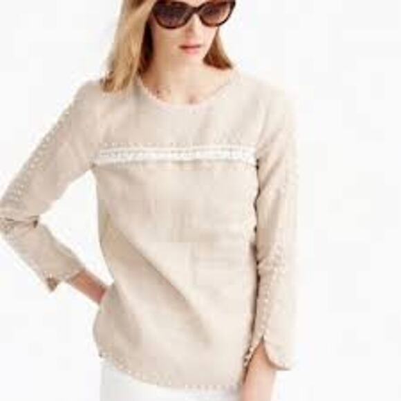 J Crew Womens Size 2 Cream White Embroidered Linen Top with Pom Poms Crew Neck - Picture 12 of 12
